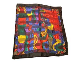 Picasso-Inspired Silk Scarf With Bold Abstract Print & Black Border